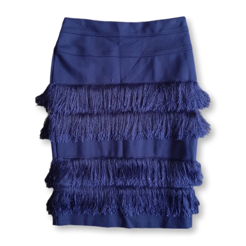 Eva Franco Anthropologie Fringe Pencil Skirt Stretchy Navy Blue Womens Size 6